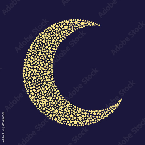 Crescent Moon Made of Stars on Dark Blue Background