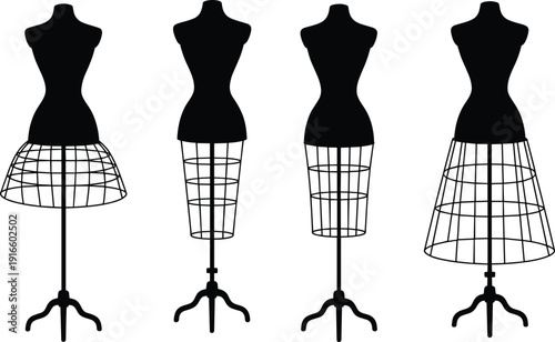 Fashion Mannequin Silhouettes with Wireframe Skirt Structures Vector Illustration, Dress Form Tailoring Display Stands Isolated on White Background for Design and Sewing Concept