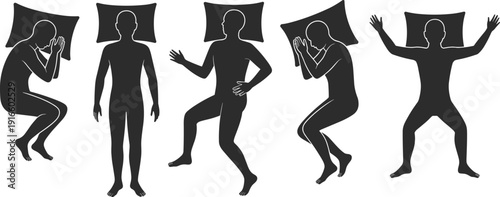 Sleeping Positions Silhouettes Vector Set, Human Body Poses in Bed with Pillow Isolated on White Background for Health, Rest and Sleep Posture Concept