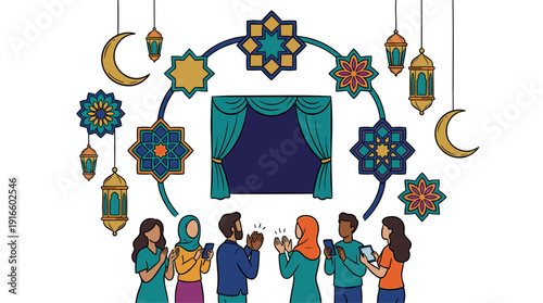 Diverse People Gather Under Ramadan Decor Crescent Moons Lanterns Geometric Patterns and Stage