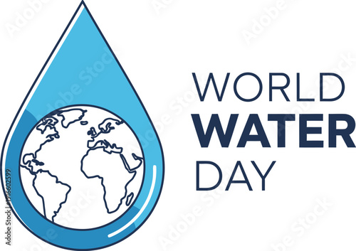 Simple graphic design marking world water day featuring a stylized blue teardrop containing a black and white outline of planet earth for global awareness.