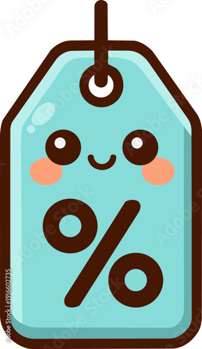 A cartoon-style illustration of a blue price tag with a hole and a percentage symbol on it. The tag has a simple design with a thick outline, isolated on a white background
