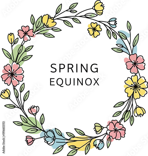Delicate line art floral wreath design celebrating the vernal spring equinox with soft pastel watercolor accents and minimal text centered inside the circle.