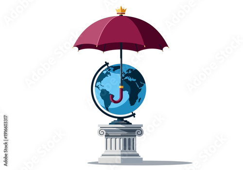 Globe Protected by Umbrella on Pedestal Symbolizing Global Security.