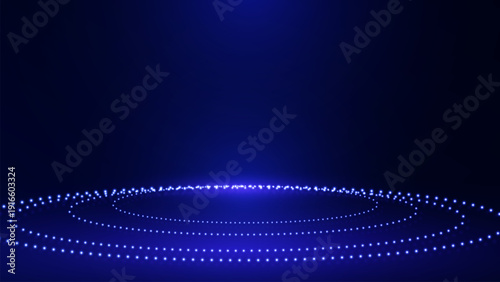 Blue glowing dots rings abstract futuristic stage background arts. Blue Glow Neon Light Ring Pedestal Podium with Abstract Blue Purple Light Speed Streaks Technology Background Digital.