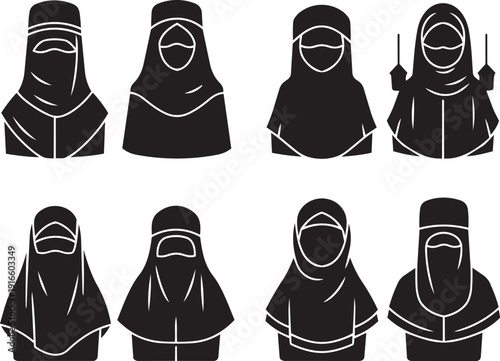 Illustration of various women wearing traditional niqab clothing and headscarves