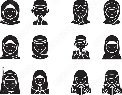 A set of black and white illustrations of people wearing headscarves and various expressions and actions.