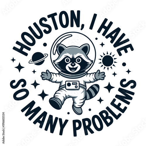 A cartoon raccoon in a spacesuit with a humorous expression floats in space.