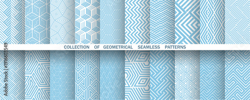 Geometric set of seamless blue and white patterns. Simple vector graphics