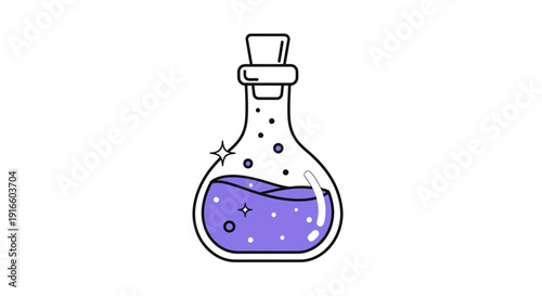 Whimsical alchemical potion in a laboratory flask with sparkling liquid substance