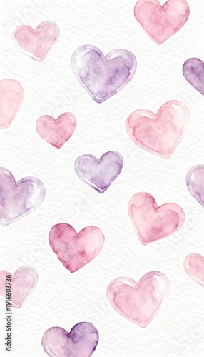 Watercolor hearts on a white background. Semi-realistic scene emphasizing soft pigments, gentle blending, and a light, romantic artistic feel.
