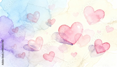 Watercolor hearts on a white background. Semi-realistic scene emphasizing soft pigments, gentle blending, and a light, romantic artistic feel.
