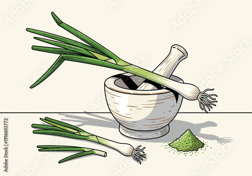 Green Onions Being Prepared in a Mortar with Pestle.