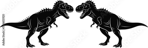 Silhouette illustration of two Tyrannosaurus rex dinosaurs facing each other in dynamic stance with open mouths, sharp teeth, spines, claws, and muscular legs