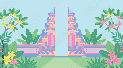 Colorful Balinese Temples with Lush Greenery and Waterfall Scene for Nyepi Day