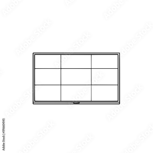 Wall-mounted surveillance monitor silhouette with multi-screen grid layout outline, perfect for security control room design and monitoring visuals