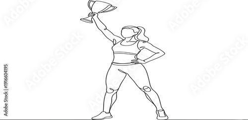 Female Athlete Winner Line Art Illustration Holding Trophy for Sports Victory, Championship Success, Fitness Motivation and Achievement Concept Design
