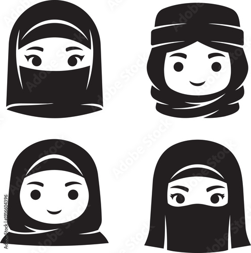 Four cartoon women wearing different styles of headscarves and niqabs