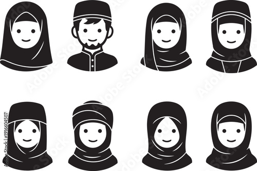 Illustration of diverse smiling people wearing headscarves and traditional attire