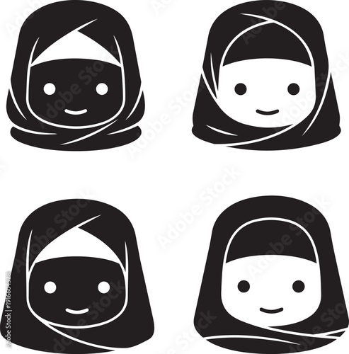 Four cartoon faces of people wearing headscarves smiling