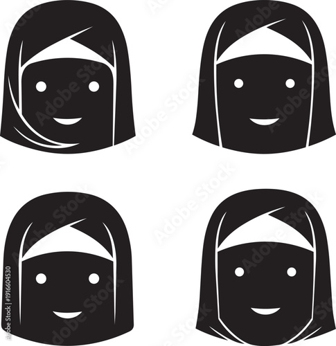 Four smiling women wearing headscarves in black and white illustrations