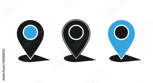 Three map pin icons in varying colors a graphic silhouette