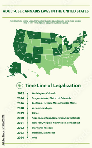 Includes a state-by-state overview and an updated legalization timeline through 2025. Suitable for news articles, policy discussions, research presentations, and public information materials.