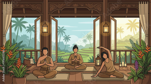 Nyepi Day Meditation Ceremony in Tropical Bali Hut