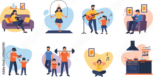Family Home Activities Illustration Set with Parents and Children Reading, Exercising, Cooking, Singing and Spending Time Together Lifestyle Scenes