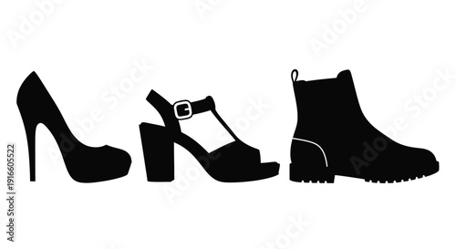 Black footwear collection featuring heels sandals and boots silhouette