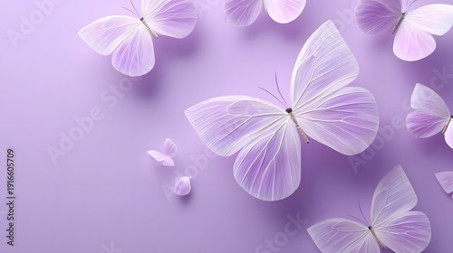 A delicate lavender butterfly rests on a clean minimalist pastel lavender background evoking luxury editorial style