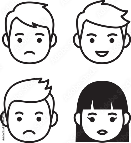 Four cartoon-style faces with various expressions are shown.
