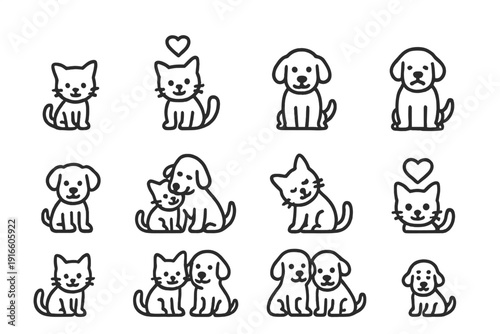 Adorable cartoon cats and dogs icon collection in simple outline style