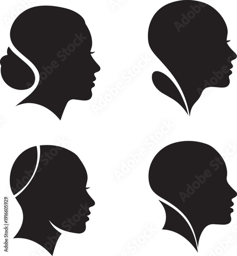 Four black silhouette profiles of people with varying hairstyles shown