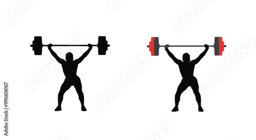 Two weightlifters raising barbells above their heads silhouette