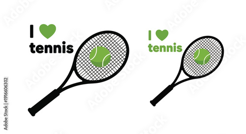 Two tennis rackets and hearts with text black silhouette