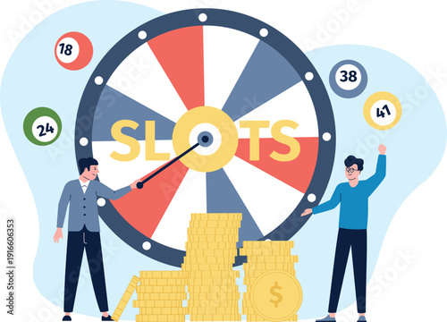 Slot machine game. Men rotate spin wheel and win money