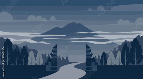 Serene Mountain Landscape Celebrating Nyepi Day in Monochrome