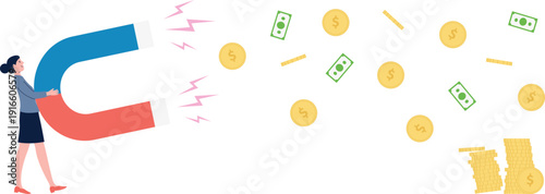 Woman attract money with big magnet. Business power