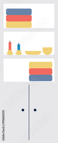 Bathroom closet shelves with folded towels and aroma candles