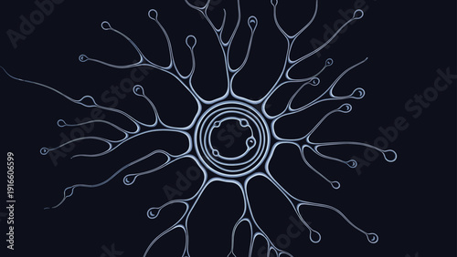 Abstract glowing blue nerve cell or neuron structure with many branches and connections is illustrated on a dark blue background.