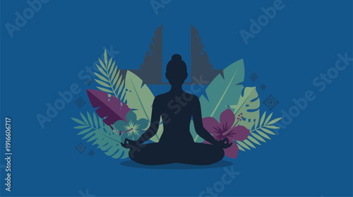 Serene Meditation Scene with Floral Elements for Nyepi Day