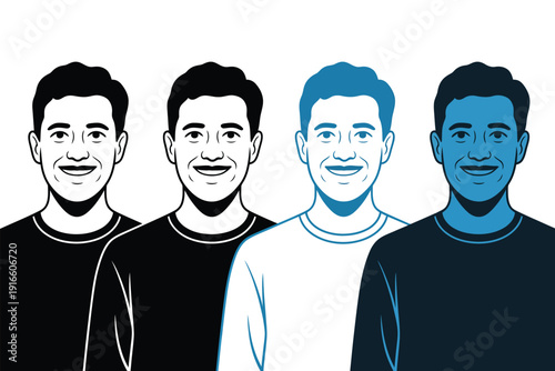 Four Smiling Men in Monochromatic Outfits Standing Together in a Row