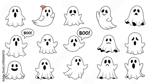 Variety of cute cartoon ghost characters with different facial expressions are displayed in rows on a plain white background.