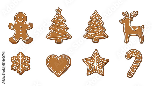 Collection of decorated gingerbread cookies includes shapes of a man, trees, a reindeer, a star, a heart, and a candy cane.