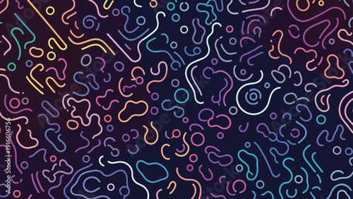 Abstract pattern features a chaotic arrangement of colorful wavy lines, circles, and organic shapes on a dark navy blue backdrop.