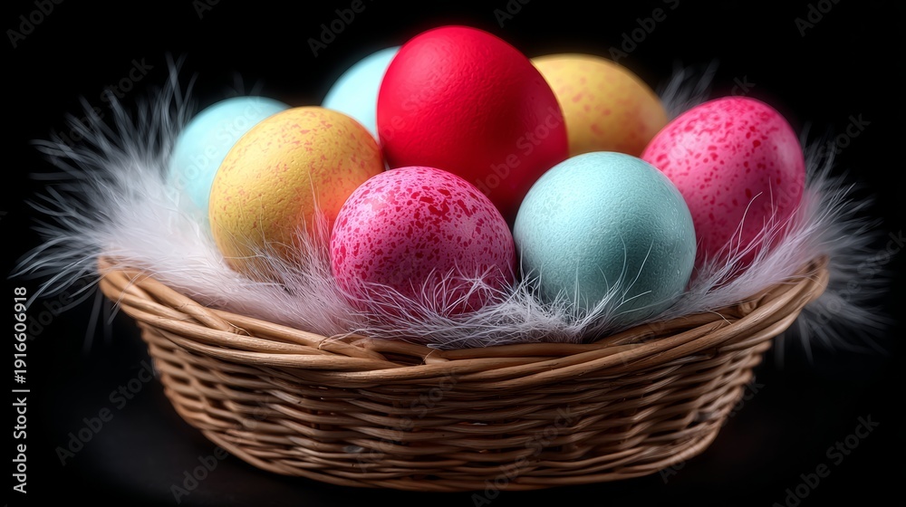 Obraz premium A basket of colorful eggs with a black background. The basket is filled with a variety of eggs, including some that are blue, green, and red
