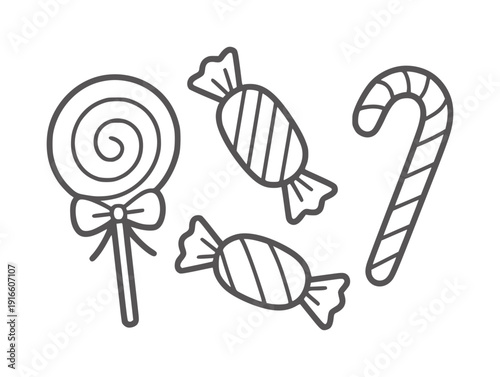 Black and white line of four assorted candies including a lollipop