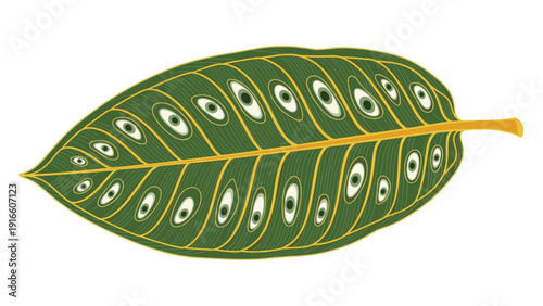 Stylized green leaf is decorated with numerous circular patterns that resemble eyes and is set against a plain background.