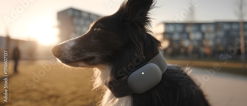 A dog wears a smart collar with a tracker device while standing in a park at sunset